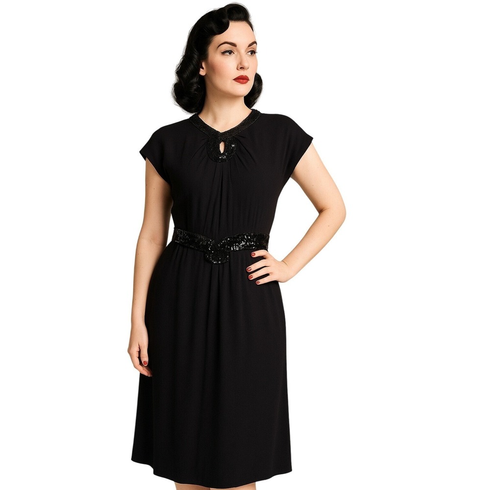 Vintage 40s Rosalinde Gilbert‎ Model Black Cocktail Sheath Dress Sequins England